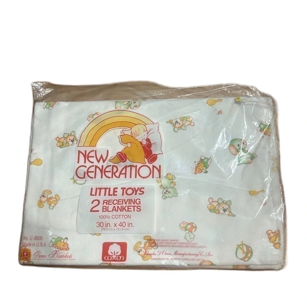 Vintage New Generation 2 Receiving Blankets NEW 100% Cotton Bear Train Baby